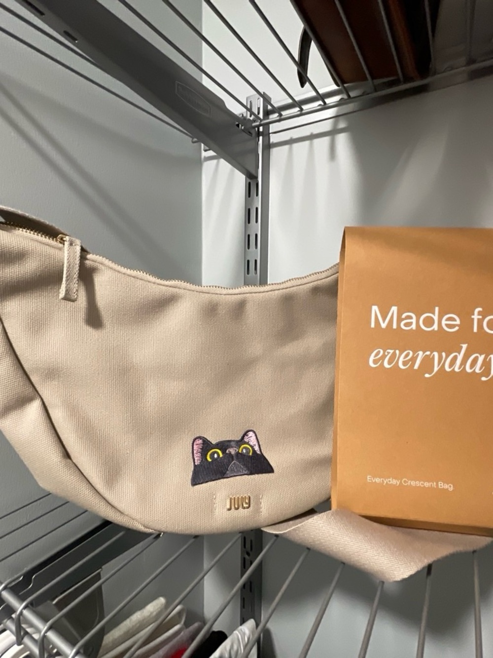 JUJU Cream Crescent Crossbody Bag with Cat Embroidery